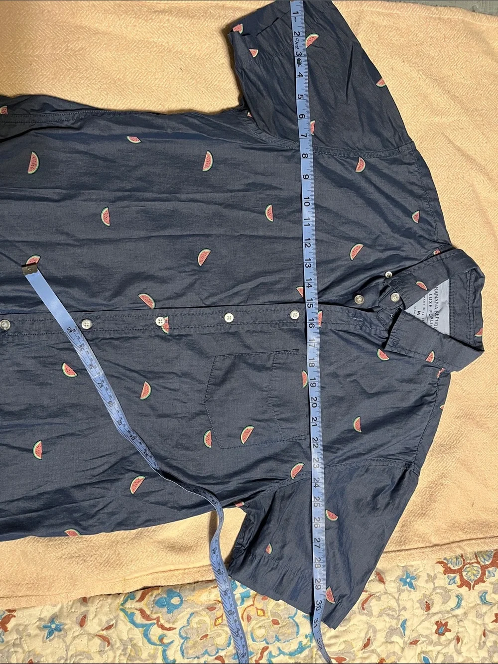 Banana Republic Navy Short-Sleeve Button-Down Shirt with Watermelon Motif
